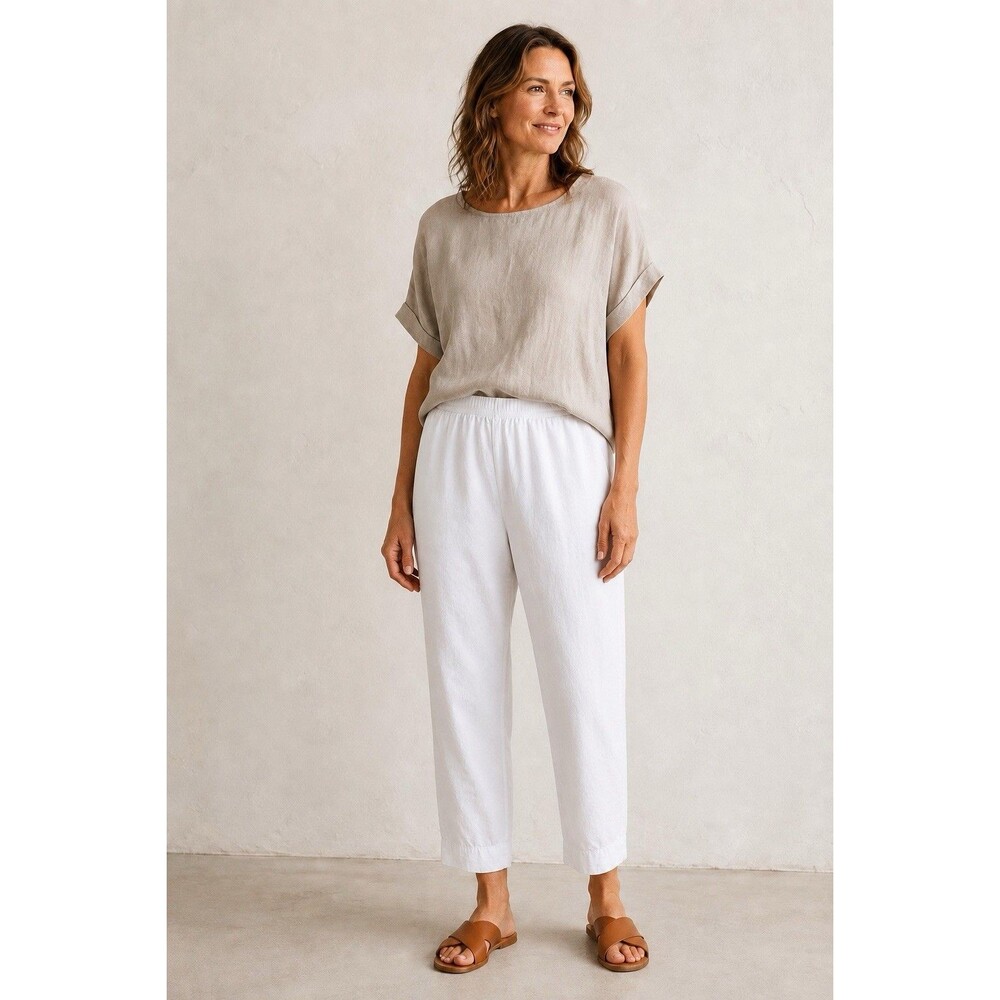 Cut Loose White Organic Cotton Pull-On Straight Ankle Pants M Lagenlook Coastal